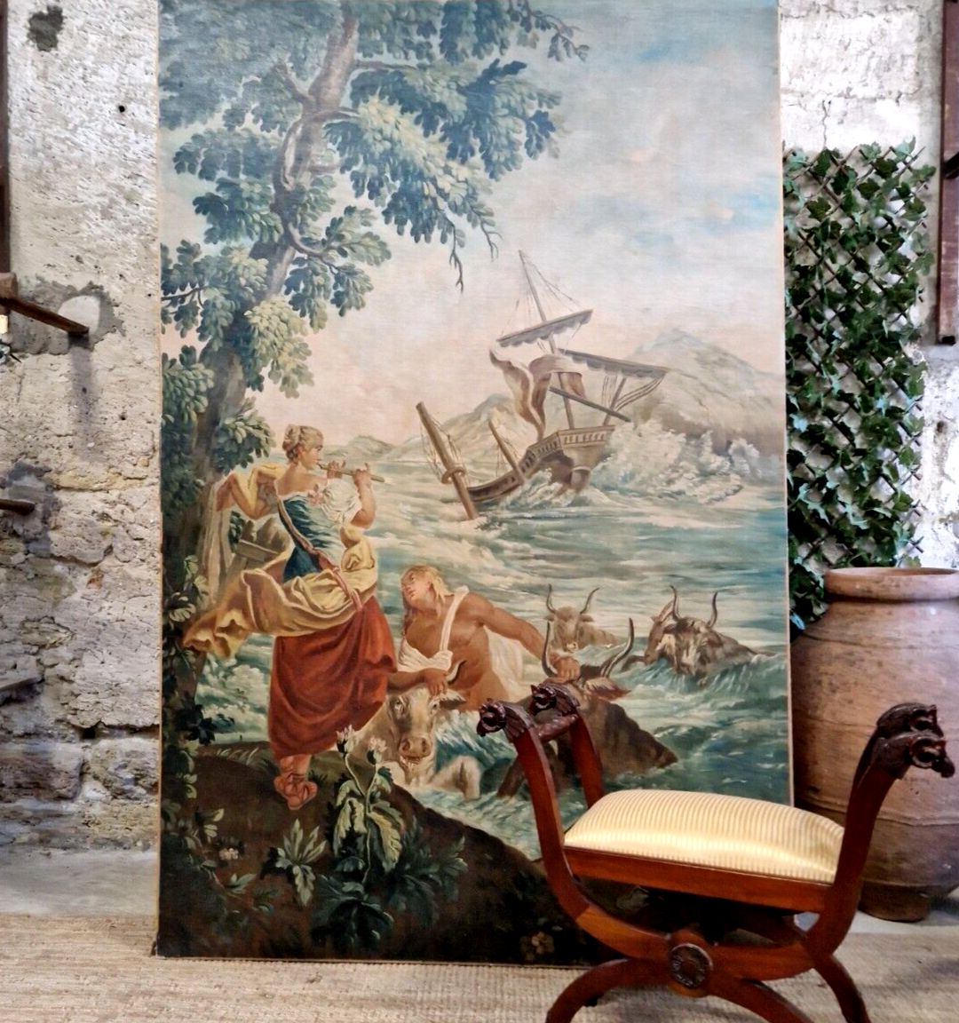 Large Antique Oil Painting Of Famous Tapestry 19th Century Chateau Artwork photo furniture