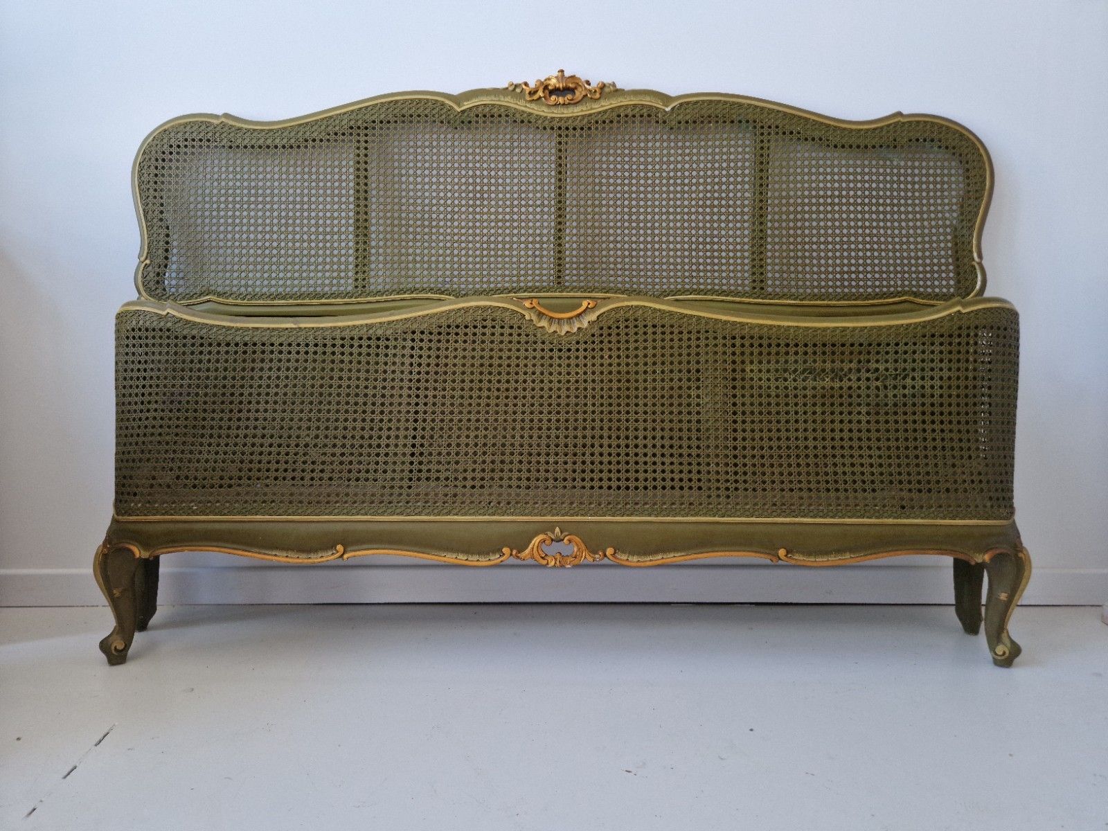 Antique French Cane Bed King Size Louis XV Green Lacquer Gold Accents