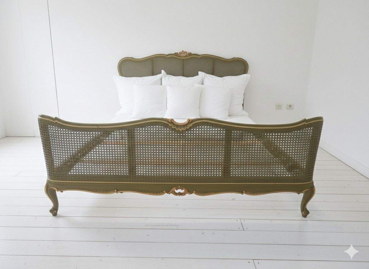 photo furniture Antique French Cane Bed King Size Louis XV Green Lacquer Gold Accents