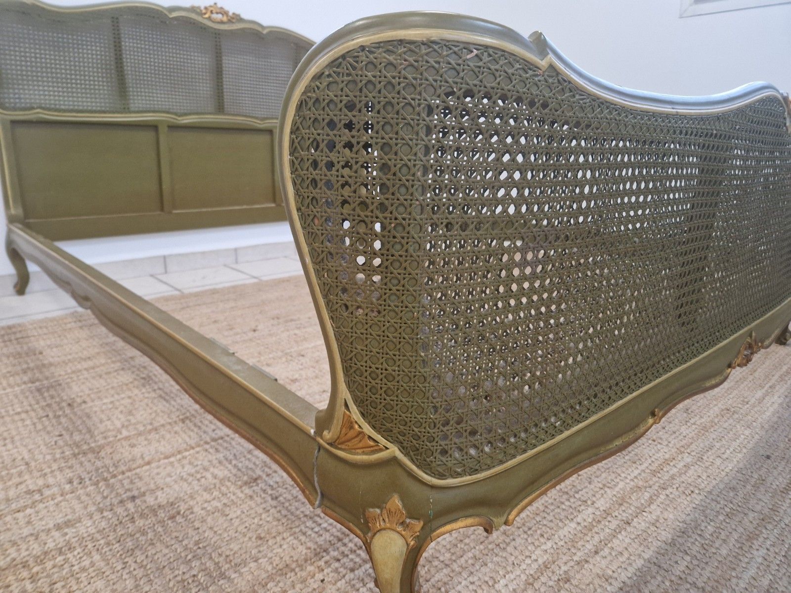 Furniture Antique French Cane Bed King Size Louis XV Green Lacquer Gold Accents photo