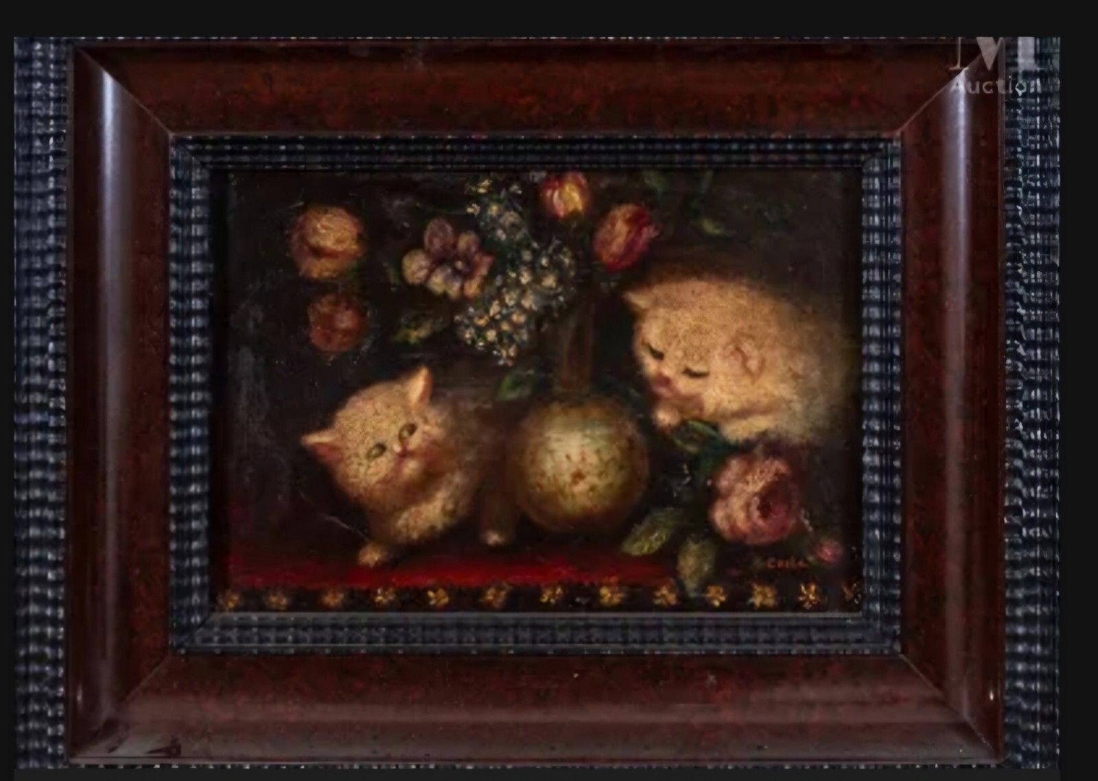 Antique Oil Painting Kittens 19th Century Signed Costa photo furniture