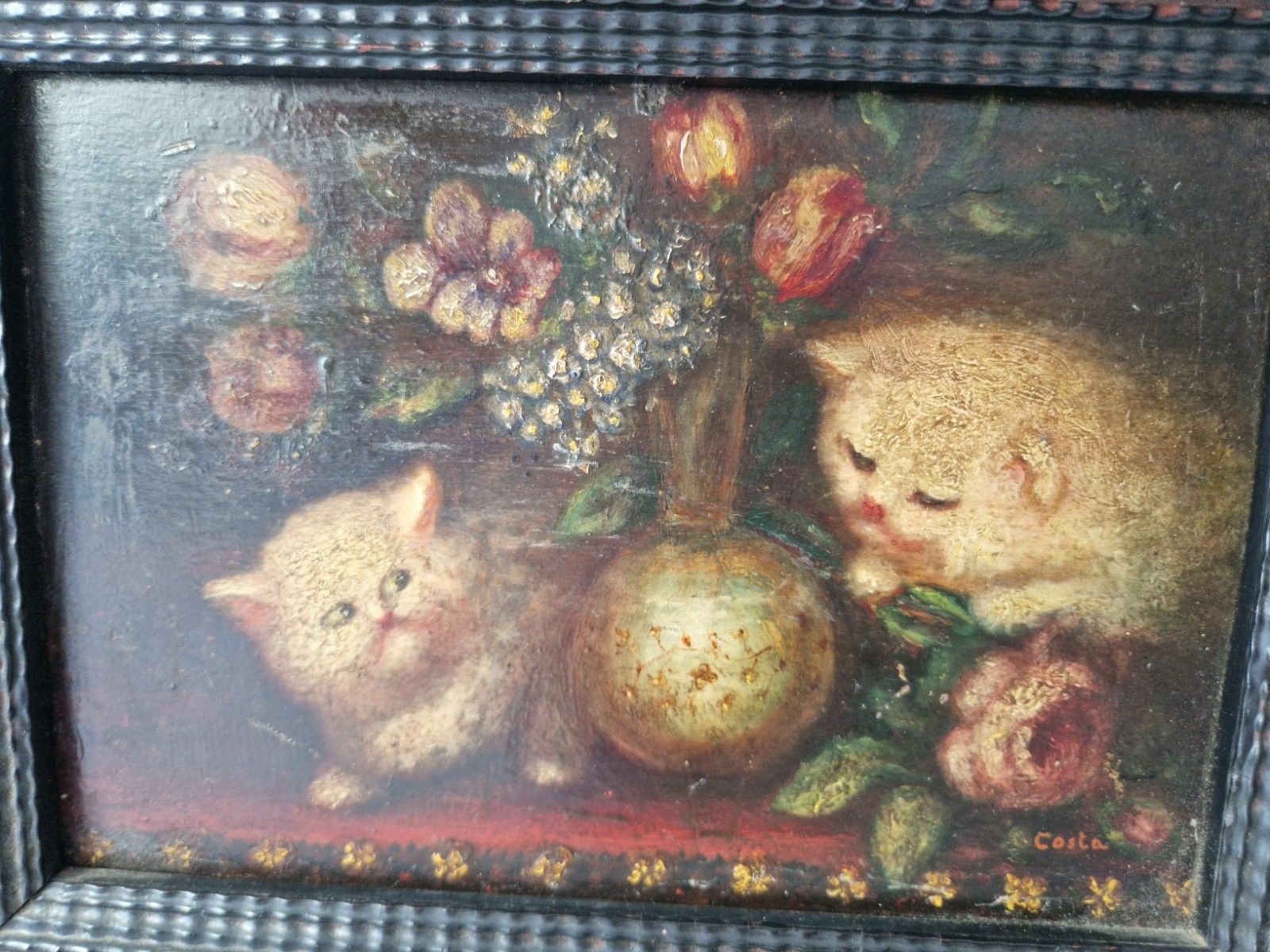 395.0 Antique Oil Painting Kittens 19th Century Signed Costa photo