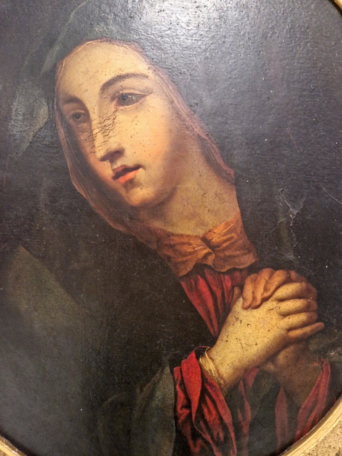 Antique 19th Century Oil Painting Virgin Of Sorrows photo furniture