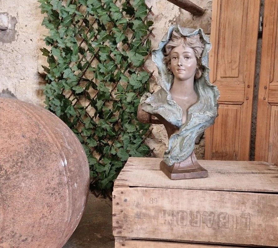 Art Antique French Bust Patina Plaster Femme Sculpture Art Noveau photo