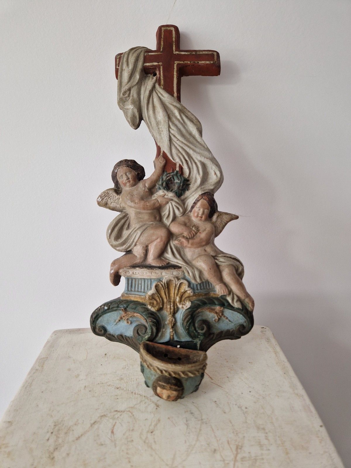 Antique Religious Holy Water Font Bénitier Putti Angels Cross Polychrome Carved photo Art