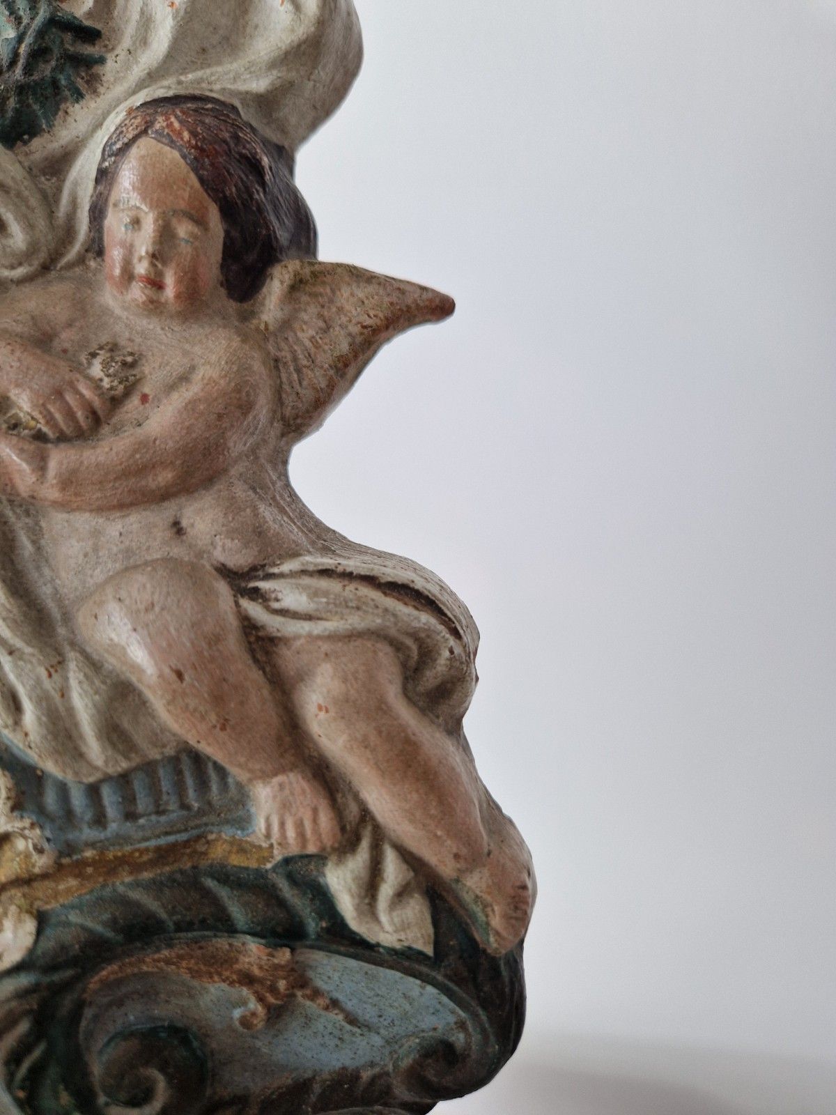 Antique Religious Holy Water Font Bénitier Putti Angels Cross Polychrome Carved photo vinterior