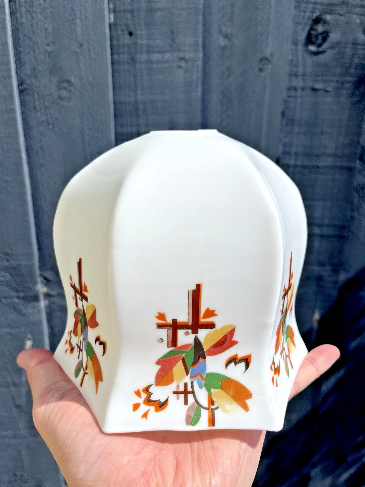 Lighting 1 Art Deco Opaline Multicoloured Floral Leaf Painted Glass Lamp Light Shade 20's photo