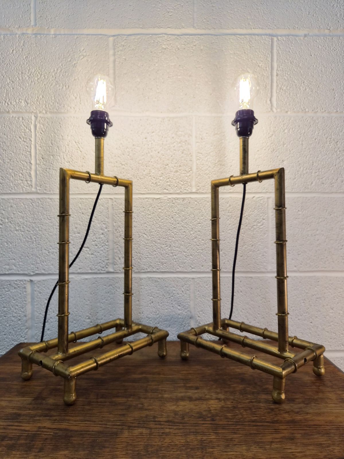 Original Mid Century Pair Of Large Gilt Metal Bamboo Table Lamps Rewired