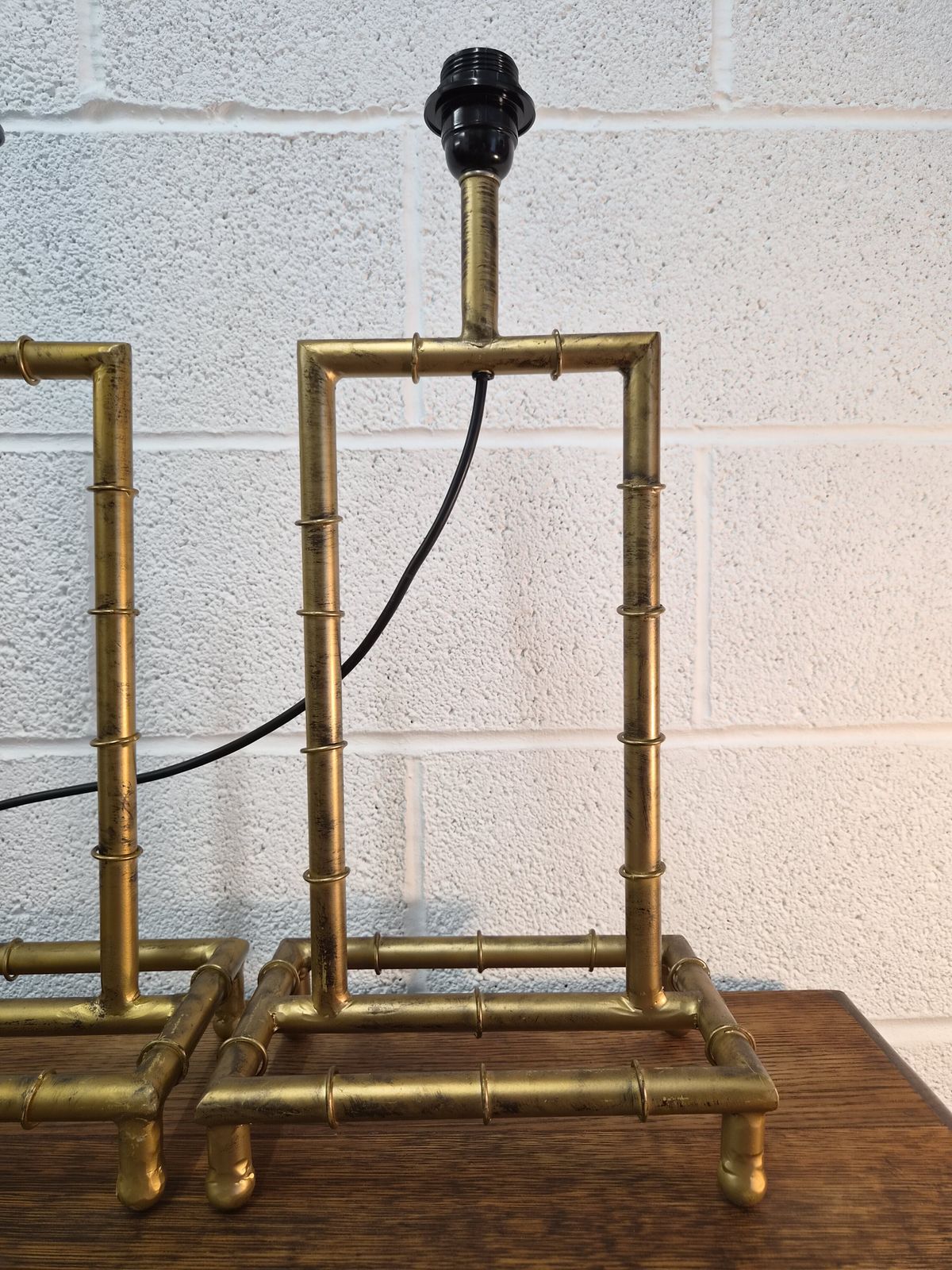 250.0 Original Mid Century Pair Of Large Gilt Metal Bamboo Table Lamps Rewired photo