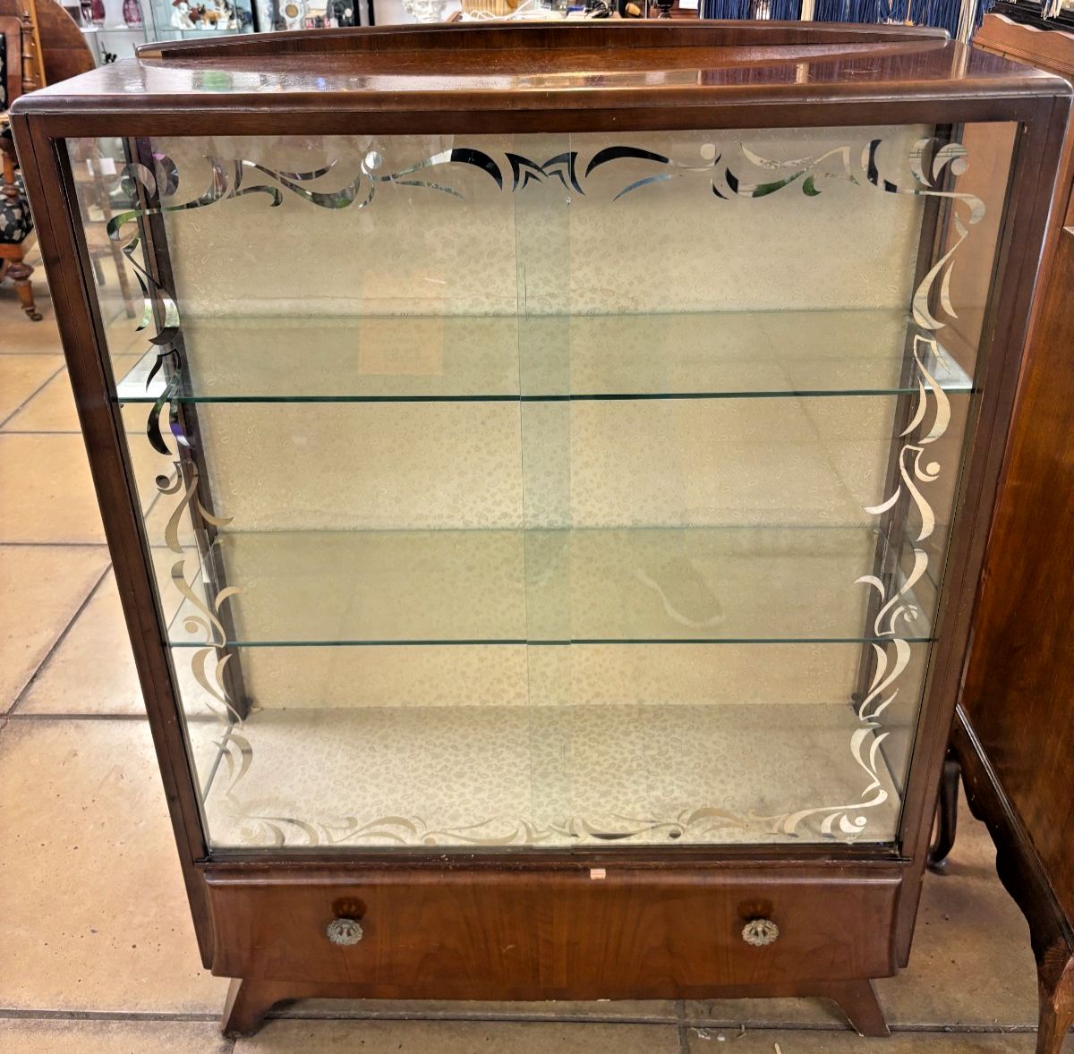 1950's Art Deco Style Wood & Glass Display Cabinet As Found