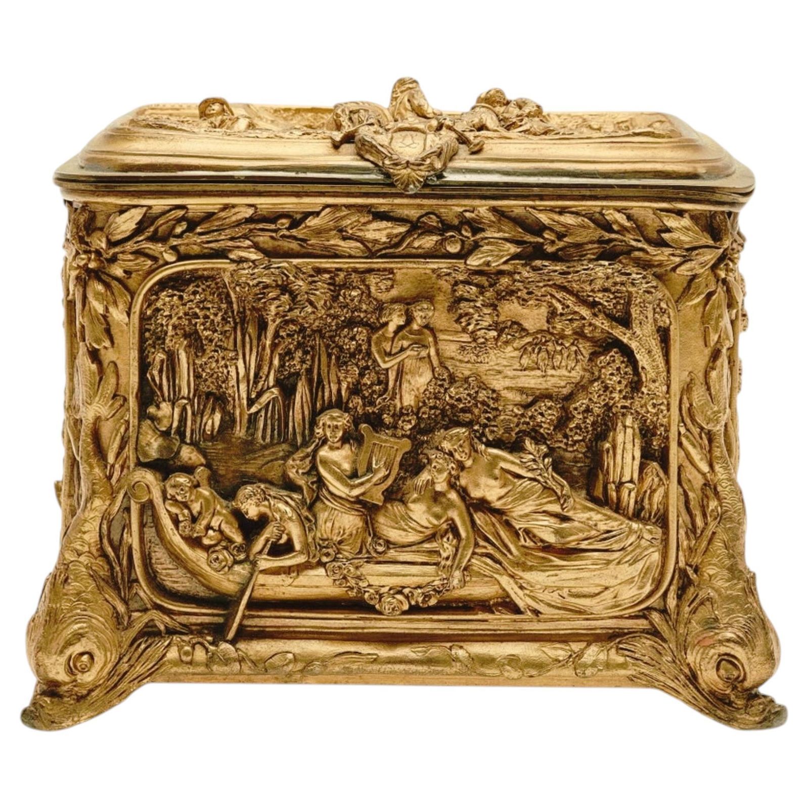 Coffret à bijoux d'époque en bronze doré sculpté - Daté 17 & 20 Août 1872