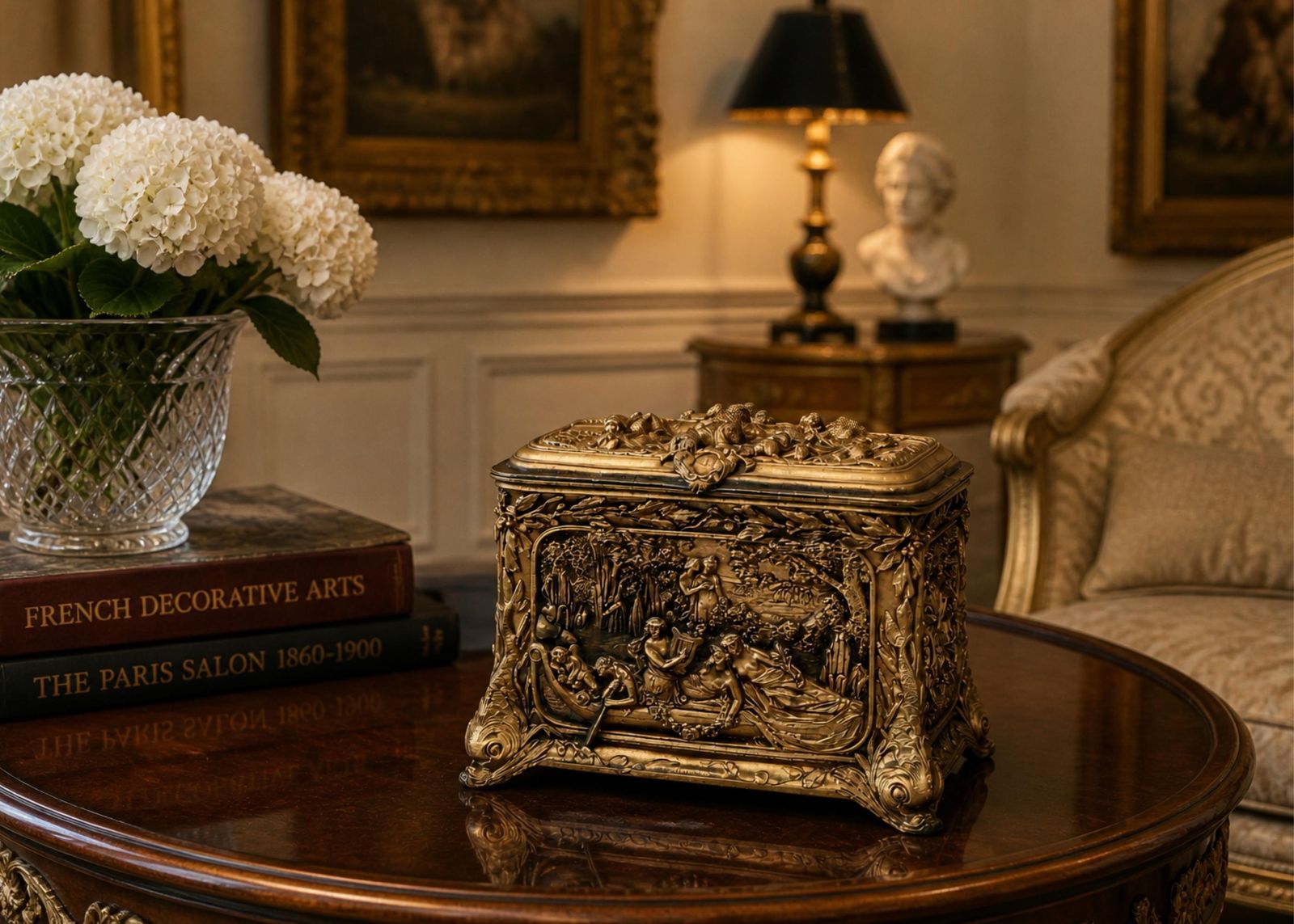 Coffret à bijoux d'époque en bronze doré sculpté - Daté 17 & 20 Août 1872 photo furniture