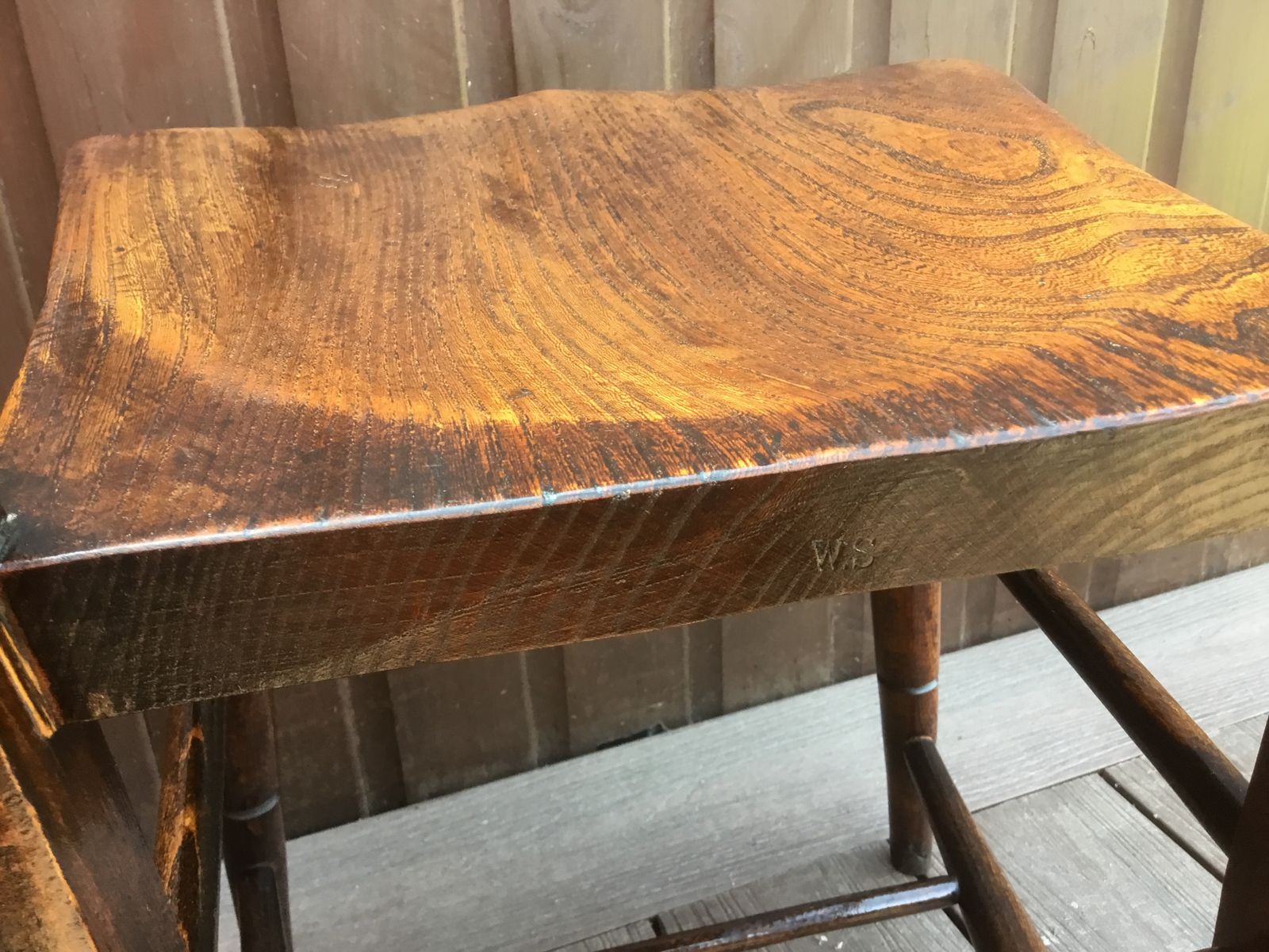 Stamped Antique C1910 English Chapel Chair. Superb Hues Of Dark Elm And Beechwood photo vintage