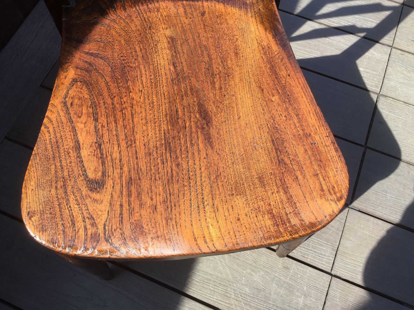 Furniture Stamped Antique C1910 English Chapel Chair. Superb Hues Of Dark Elm And Beechwood photo