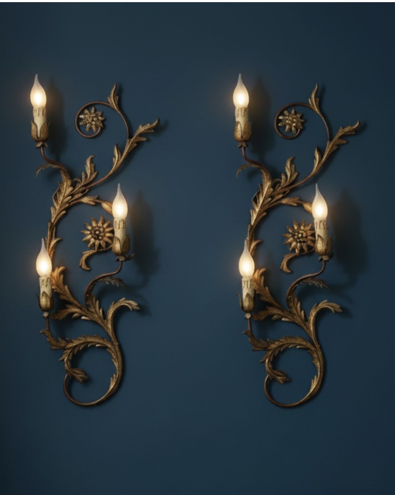 Large Italian Florentine Tole Wall Sconces In Gilt Metal, Set Of 2, 1950s photo furniture