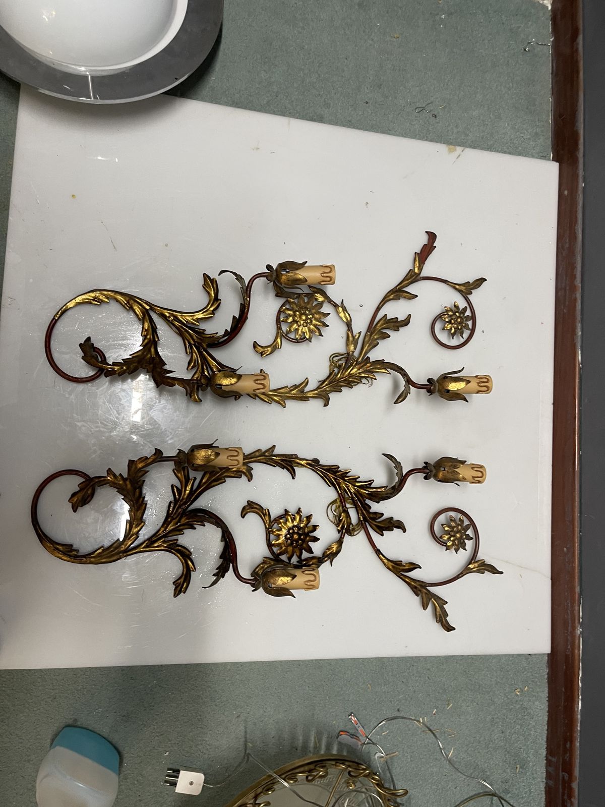 Large Italian Florentine Tole Wall Sconces In Gilt Metal, Set Of 2, 1950s photo vintage