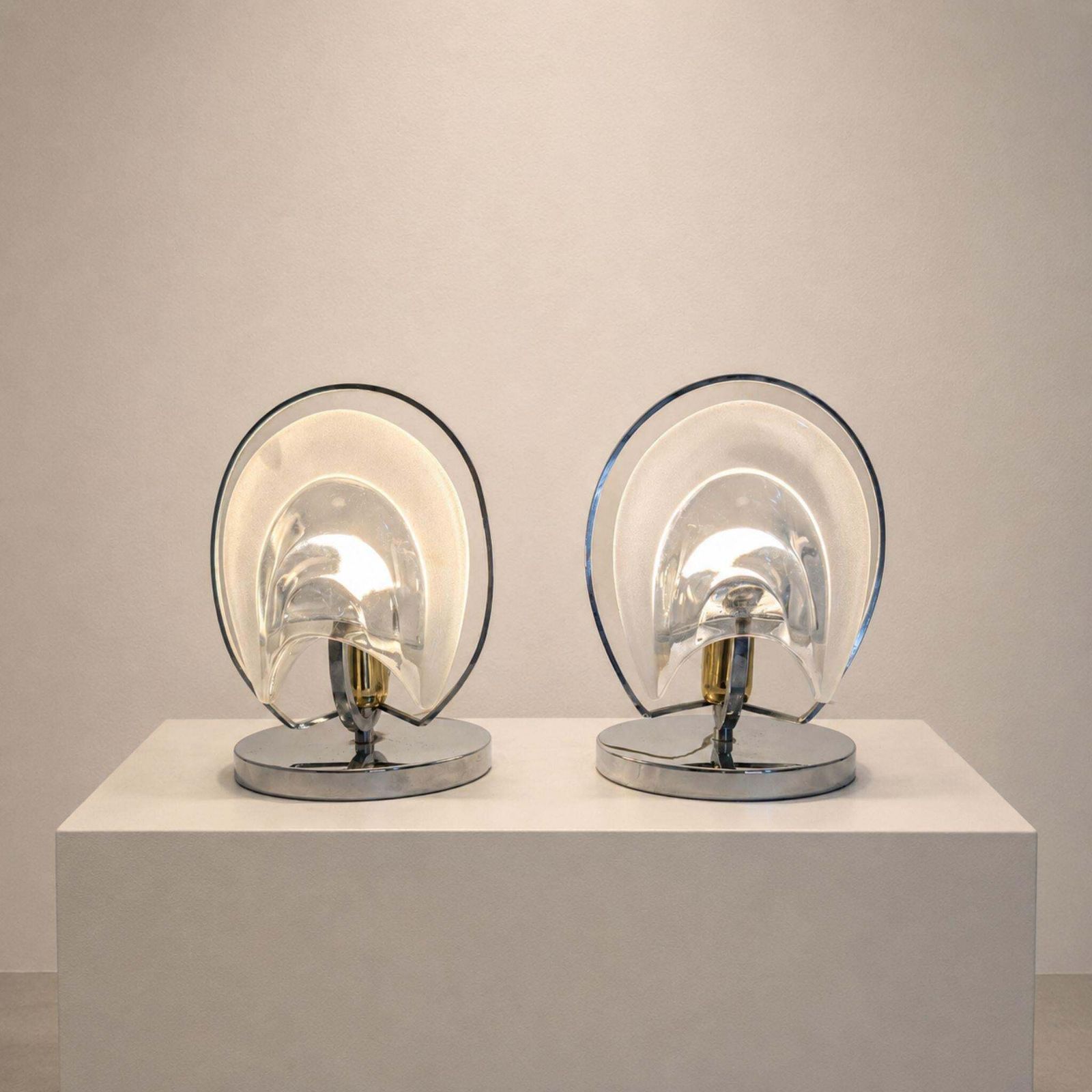 Pair Of 1970s Italian Mazzega Style Chrome And Murano Glass Table Lamps photo 1322.0