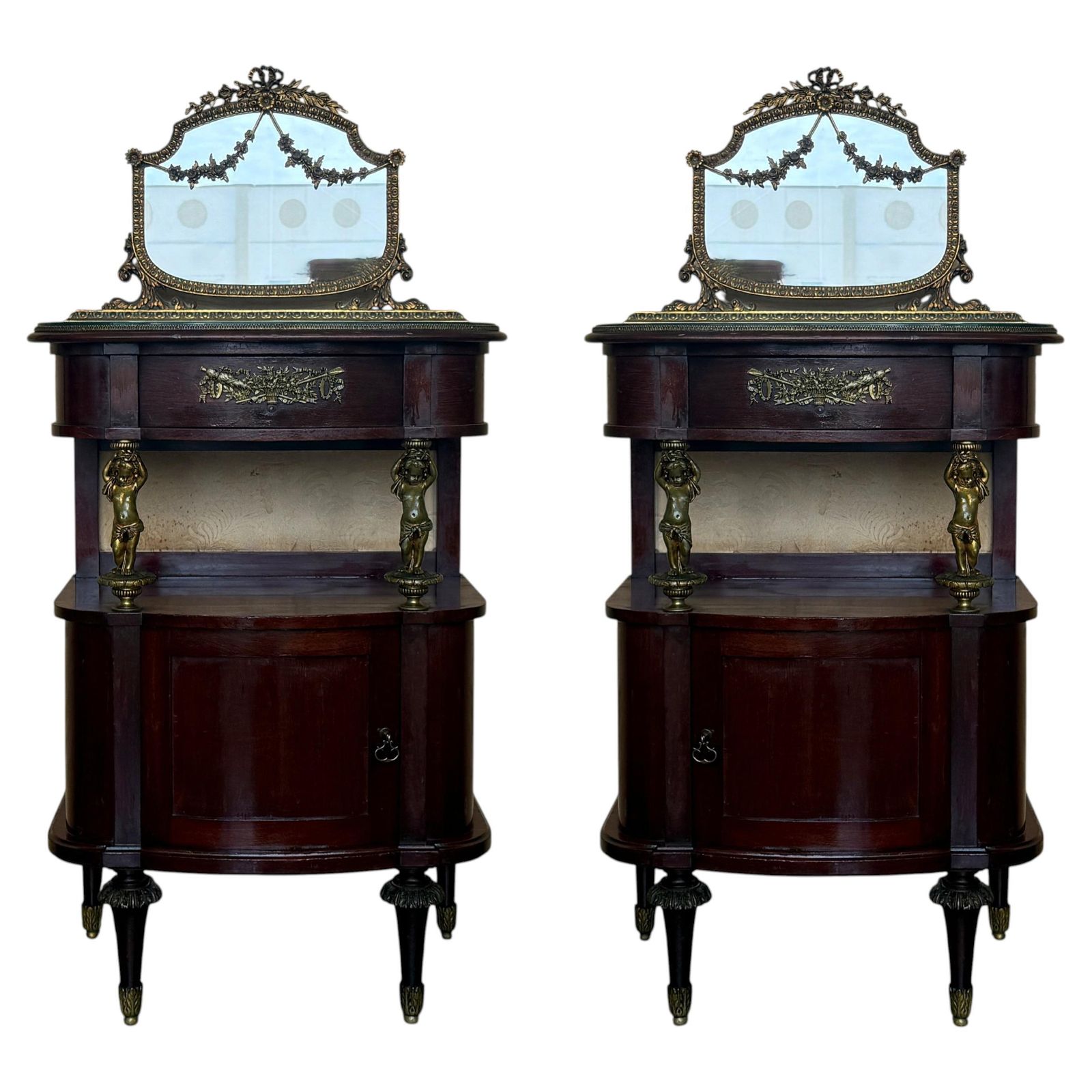 Pair Of Mahogany Nightstands With Mirror Crest And Bronze Mounts