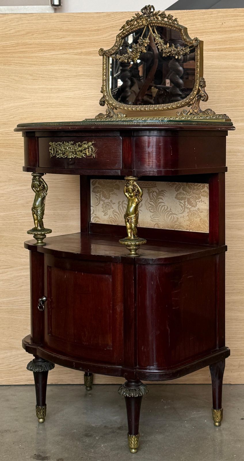 Pair Of Mahogany Nightstands With Mirror Crest And Bronze Mounts photo vintage