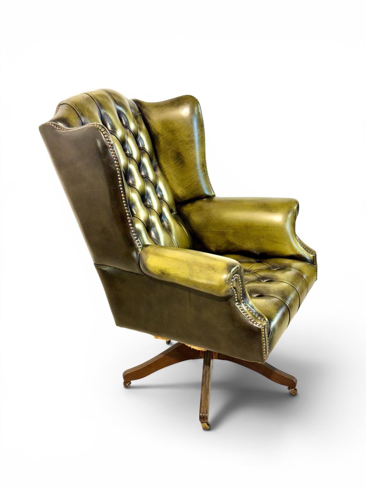 Vintage Chesterfield Style Green Leather Swivel Desk Chair photo for sale