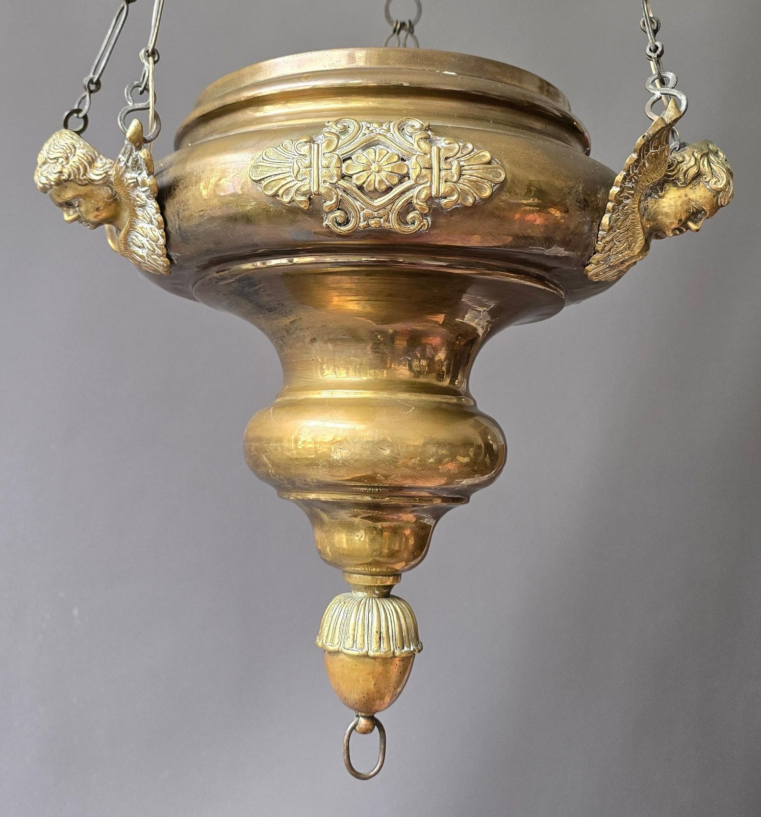 Antique Brass Hanging Sanctuary Lamp With Cherub Details, Early 20th Century photo furniture