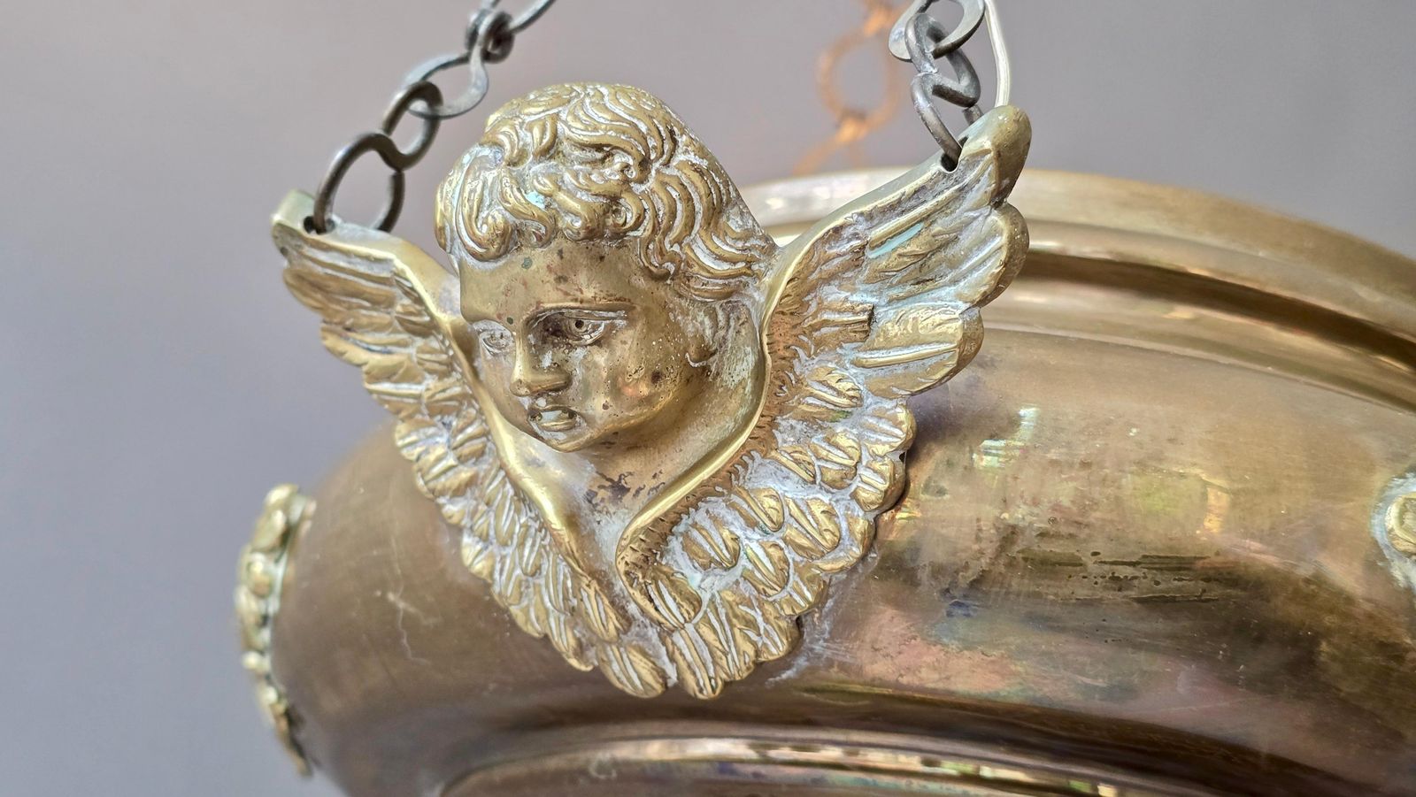 Antique Brass Hanging Sanctuary Lamp With Cherub Details, Early 20th Century photo for sale