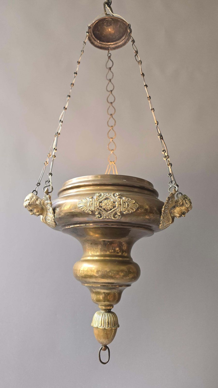 Antique Brass Hanging Sanctuary Lamp With Cherub Details, Early 20th Century photo buy