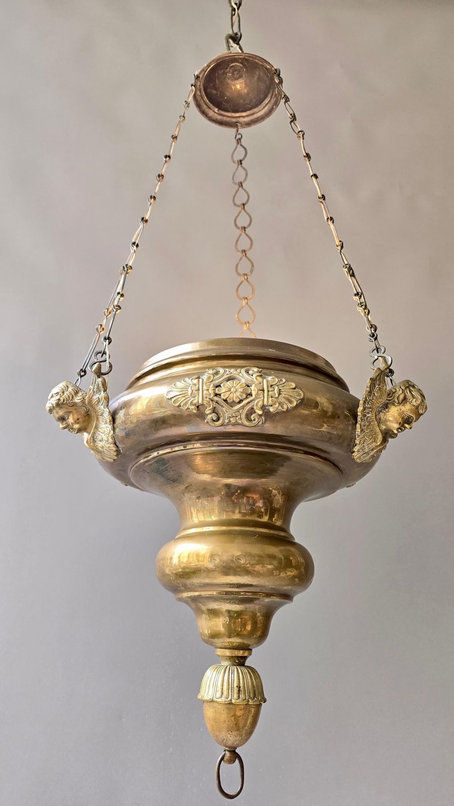 Antique Brass Hanging Sanctuary Lamp With Cherub Details, Early 20th Century photo vintage