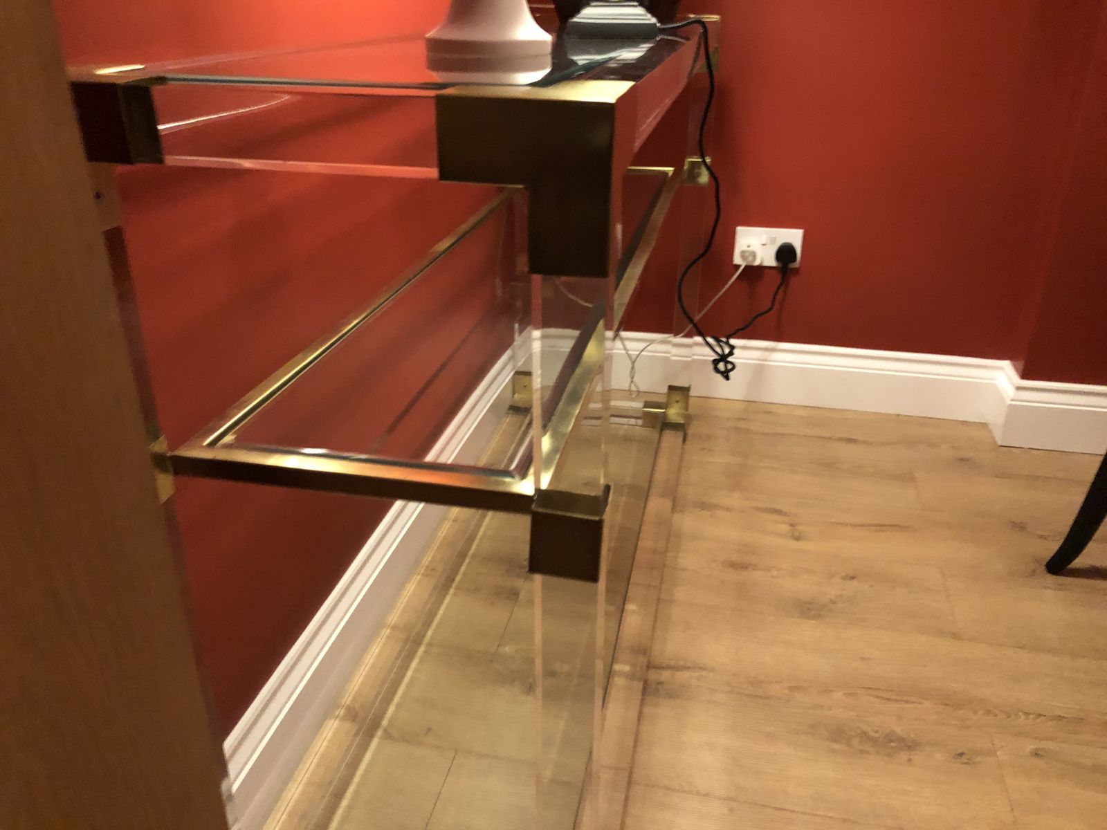 Midcentury Andrew Martin Lucite, Brass & Glass Side Table Three Glass Shelves Stunning Design photo vinterior