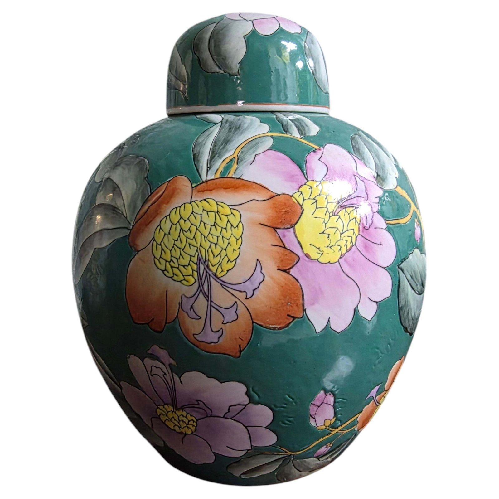 Chinese Porcelain Decorative Green Lidded Vase With Flowers 1960s