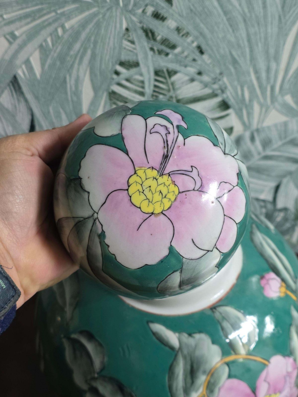 Chinese Porcelain Decorative Green Lidded Vase With Flowers 1960s photo vinterior