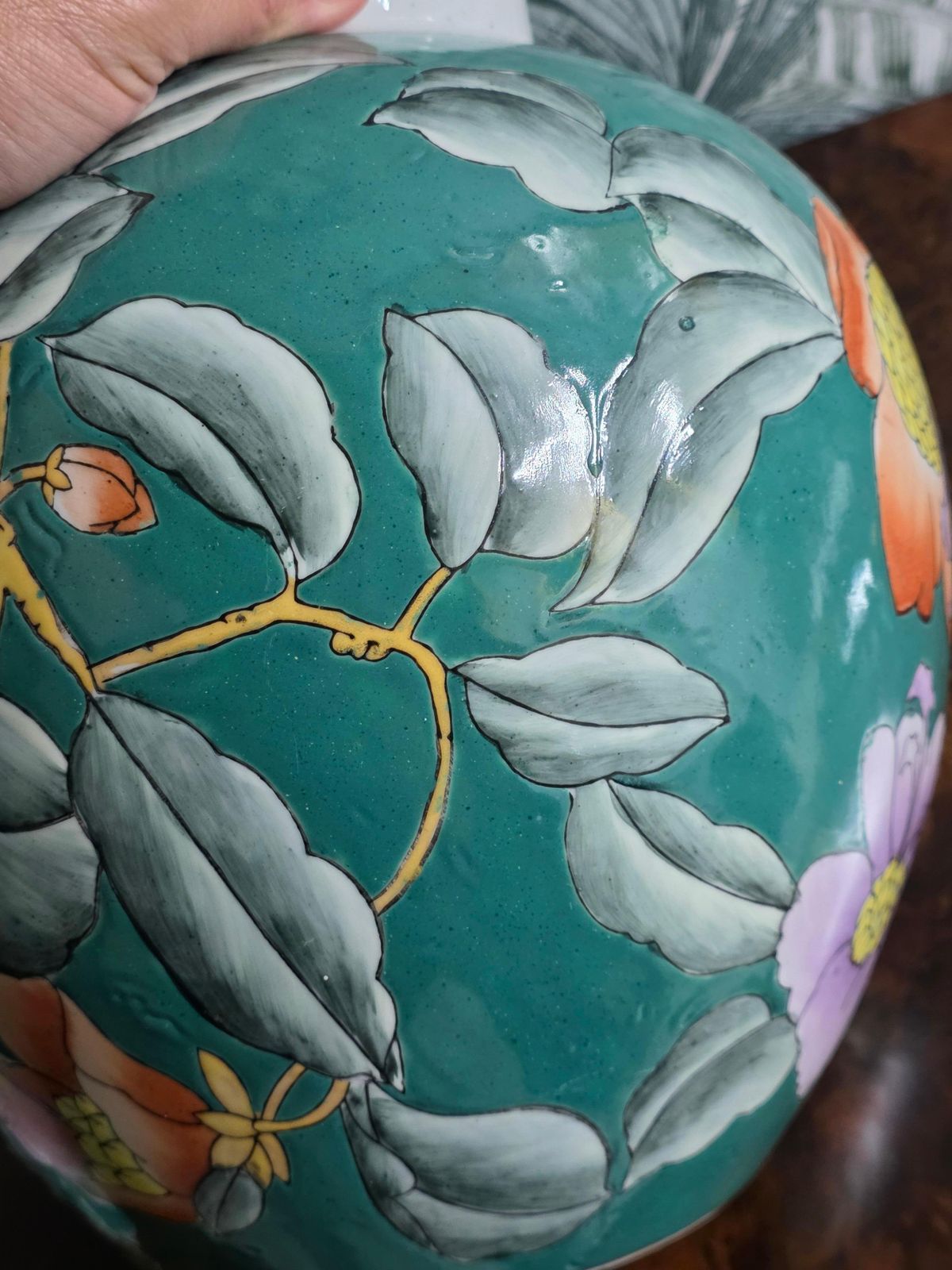 photo for sale Chinese Porcelain Decorative Green Lidded Vase With Flowers 1960s