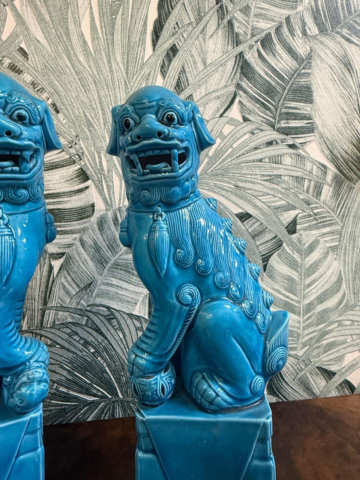 Art Pair Of Chinese Porcelain Sculptures Fo Dogs Mid Century Turquoise Color photo
