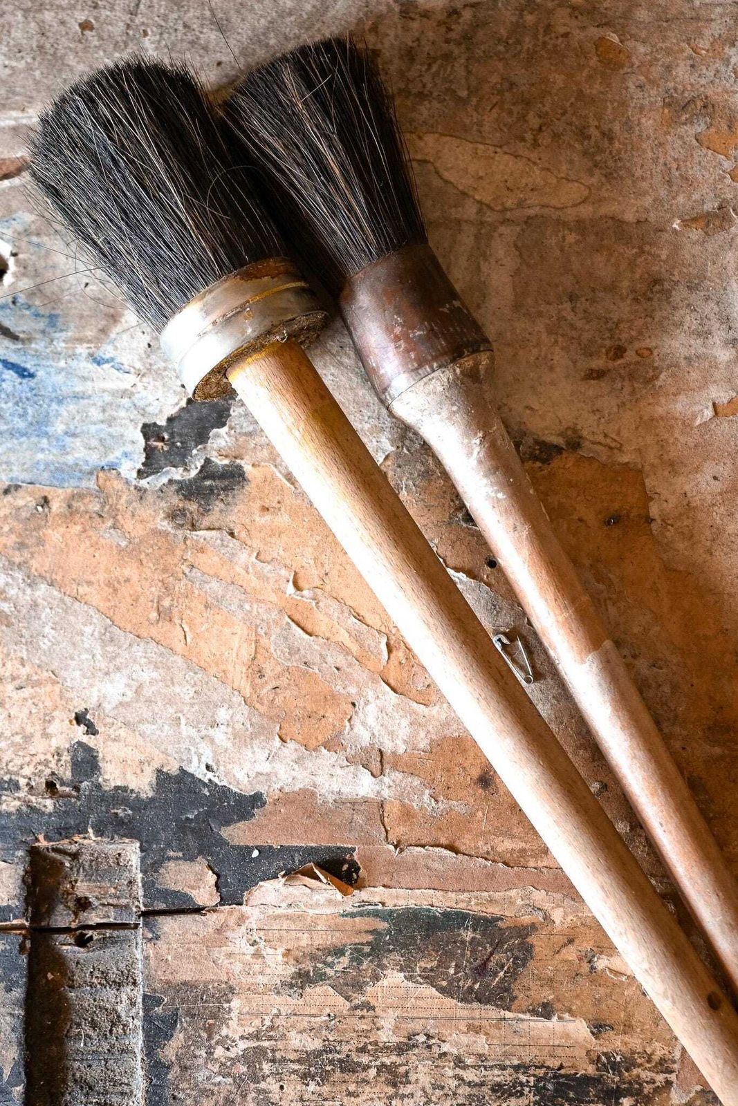 Pair Of Antique Italian Lime Wash Brushes | Natural Bristle | Wooden Handle | Studio Decor | Wall Art Tool | 38 & 34cm photo furniture