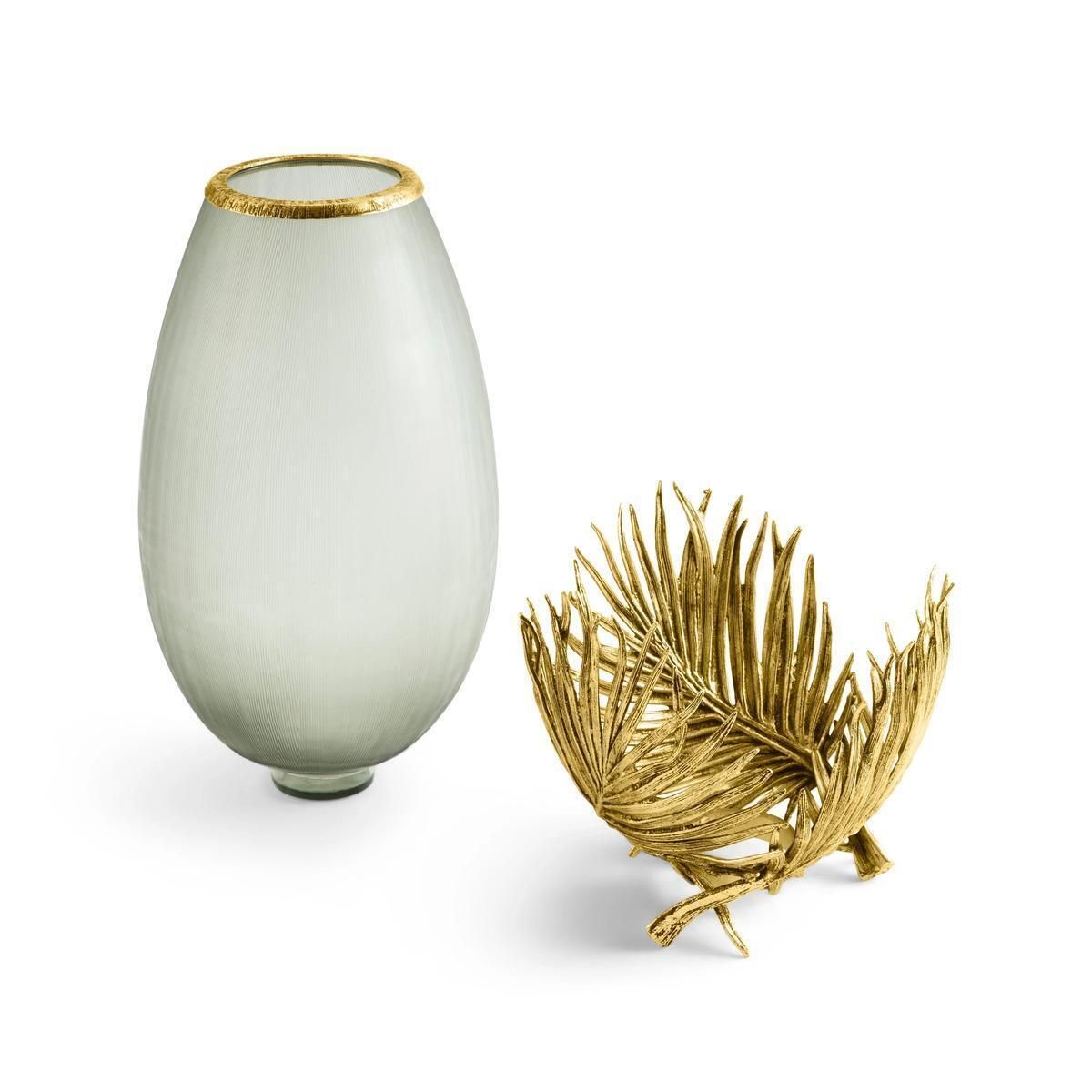 Pair Of Medium Contemporary Gold Metal & Frosted Glass Palm Vase photo vintage