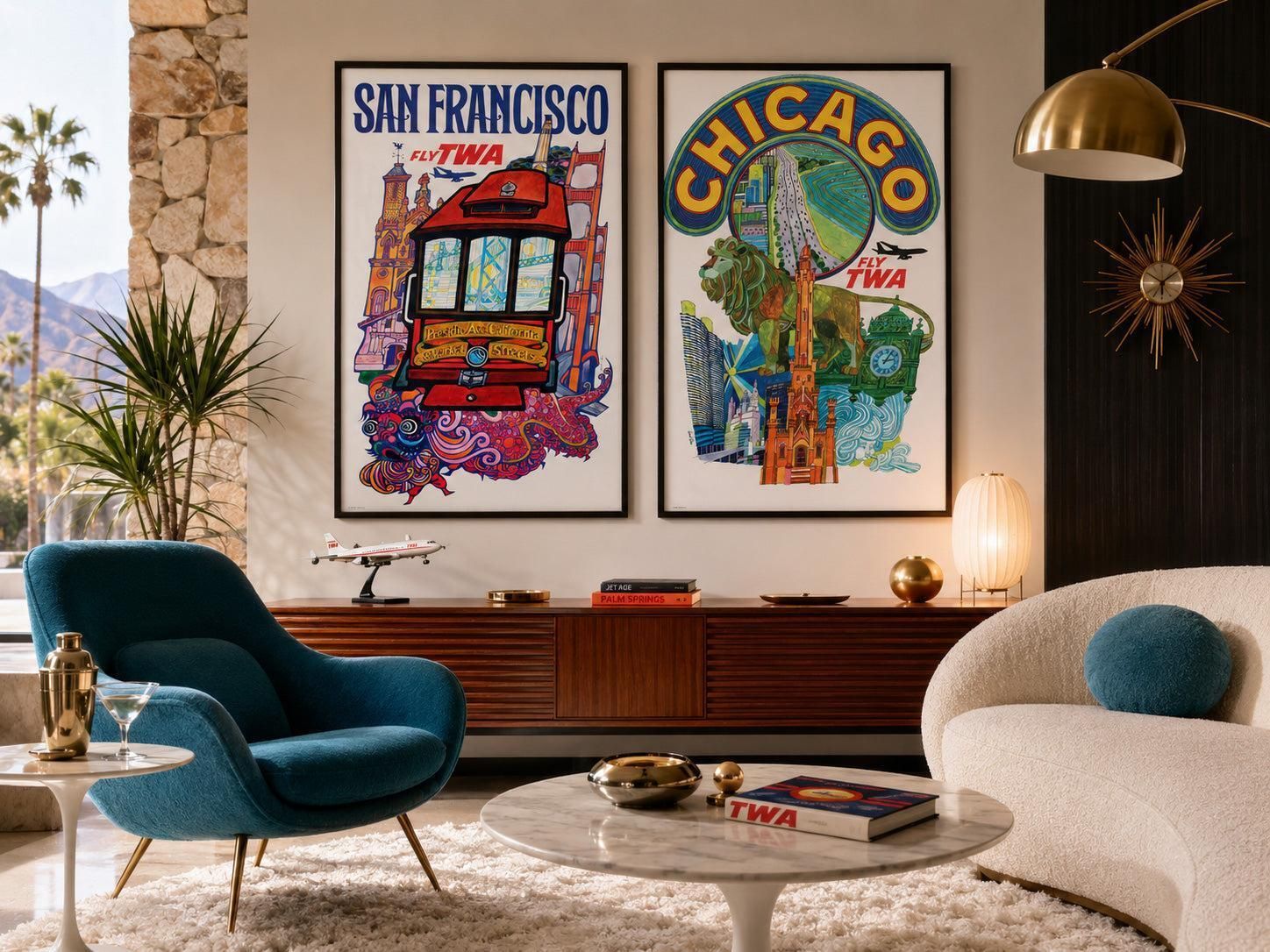 Affiche publicitaire TWA San Francisco, années 1960, David Klein photo furniture