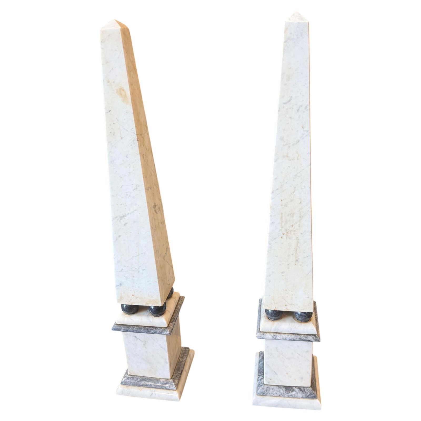 A Pair Of Art Deco White Carrara Marble And Black Marble Italian Obelisks