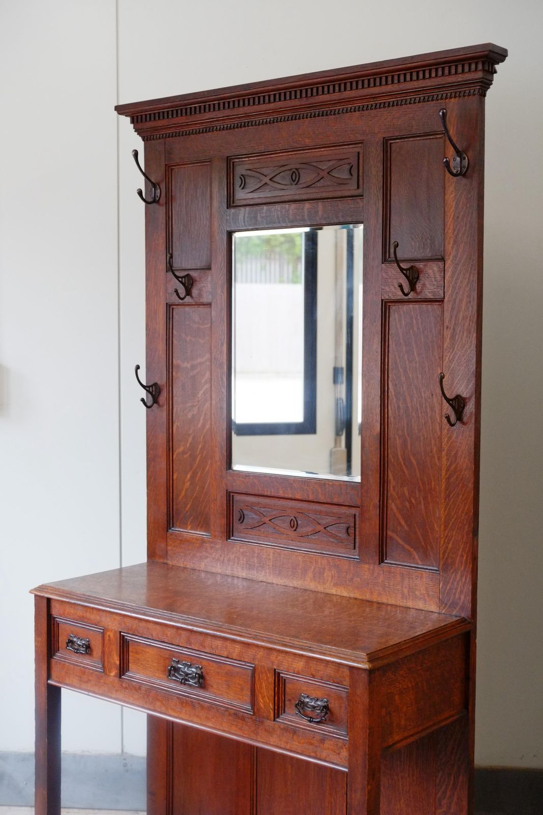 Antique Arts And Crafts English Solid Oak Hallway Stand With Drawers photo vintage