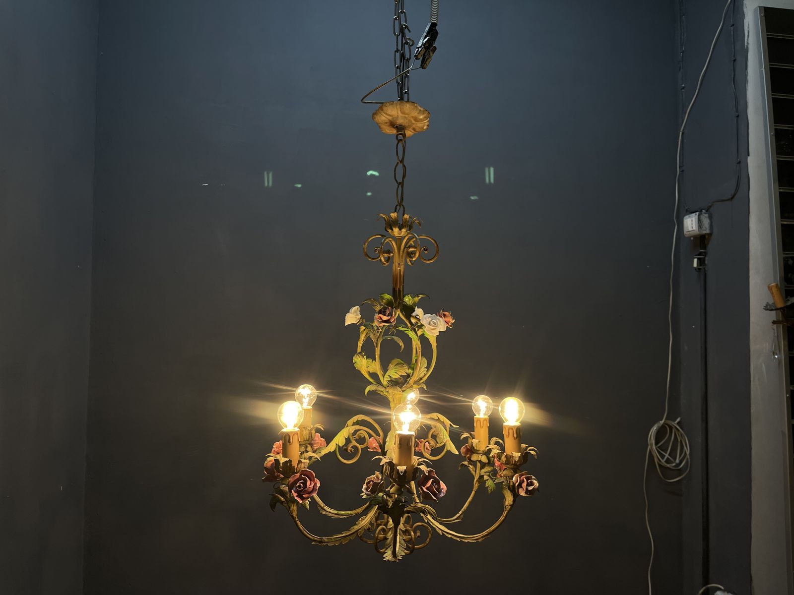 Italian Florentine Iron  And Ceramic Flower Chandelier, 1950s photo vintage