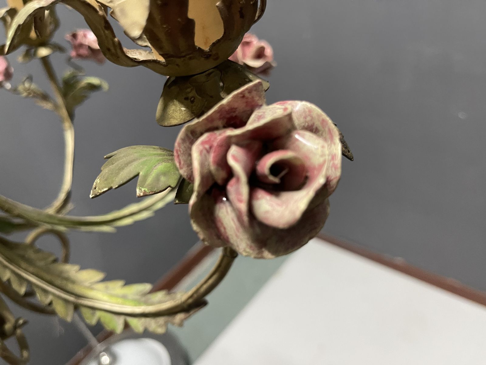 photo furniture Italian Florentine Iron  And Ceramic Flower Chandelier, 1950s