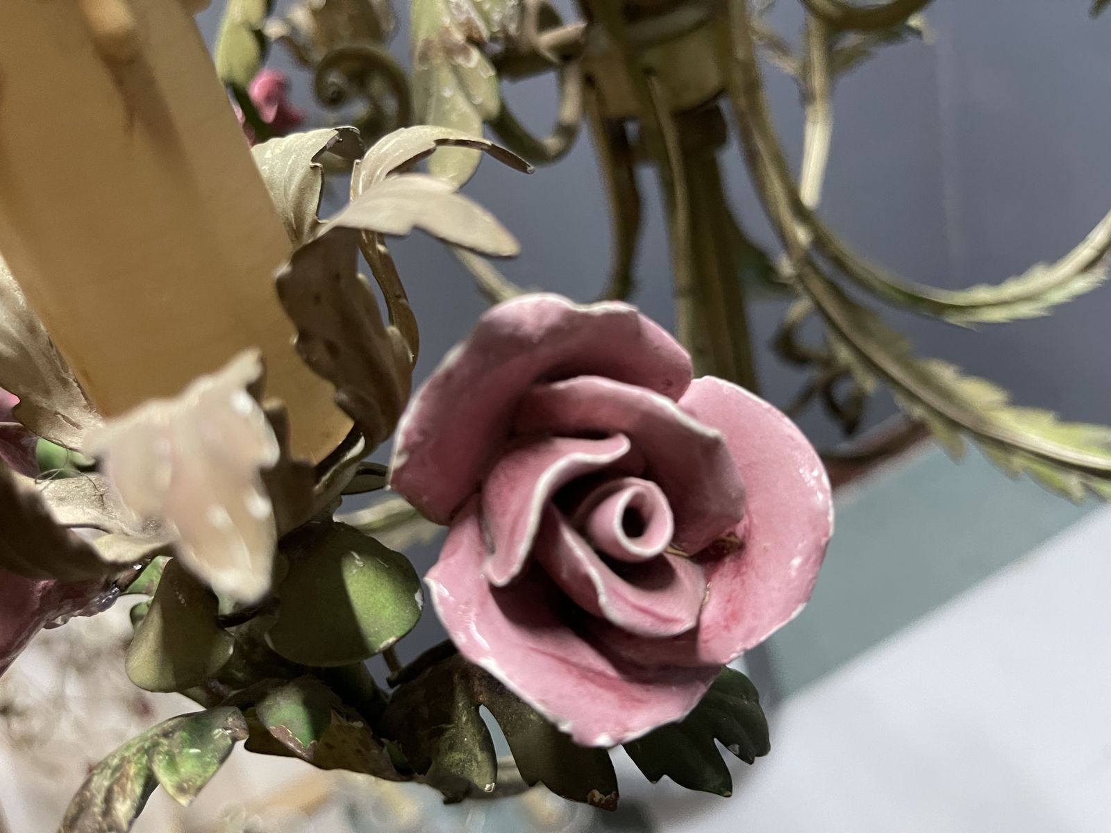 photo buy Italian Florentine Iron  And Ceramic Flower Chandelier, 1950s