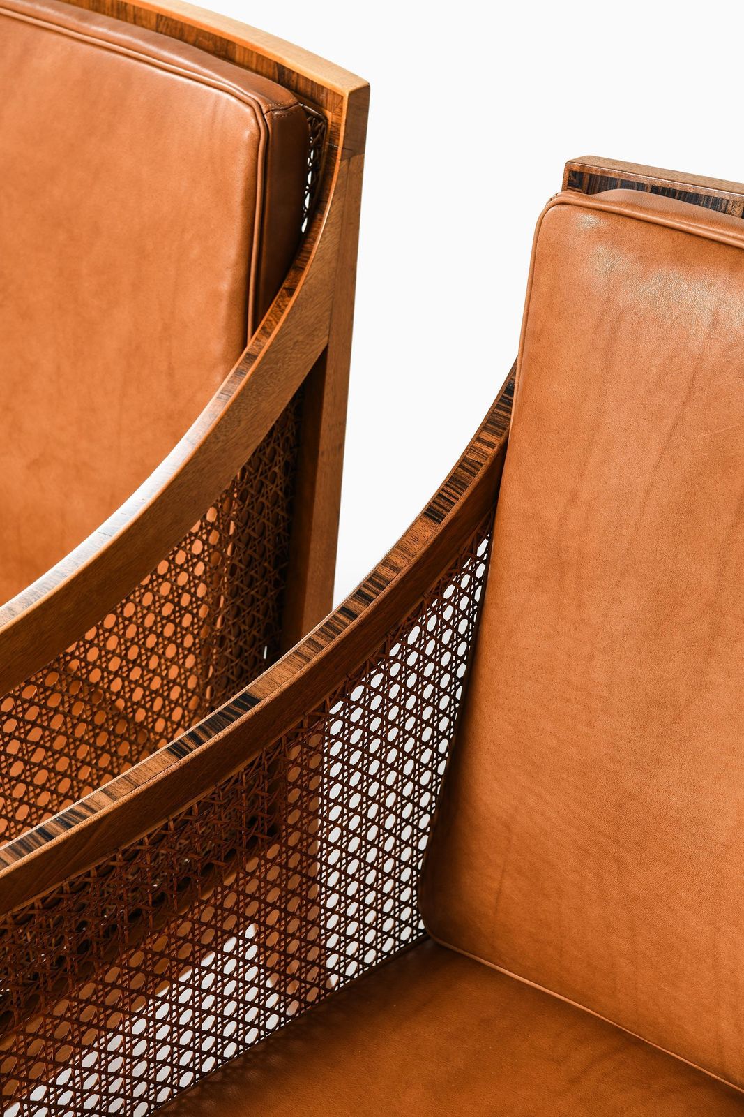 Pair Of Bergère Armchairs In Cane, Leather & Mahogany By Kaare Klint, 1931 photo vinterior