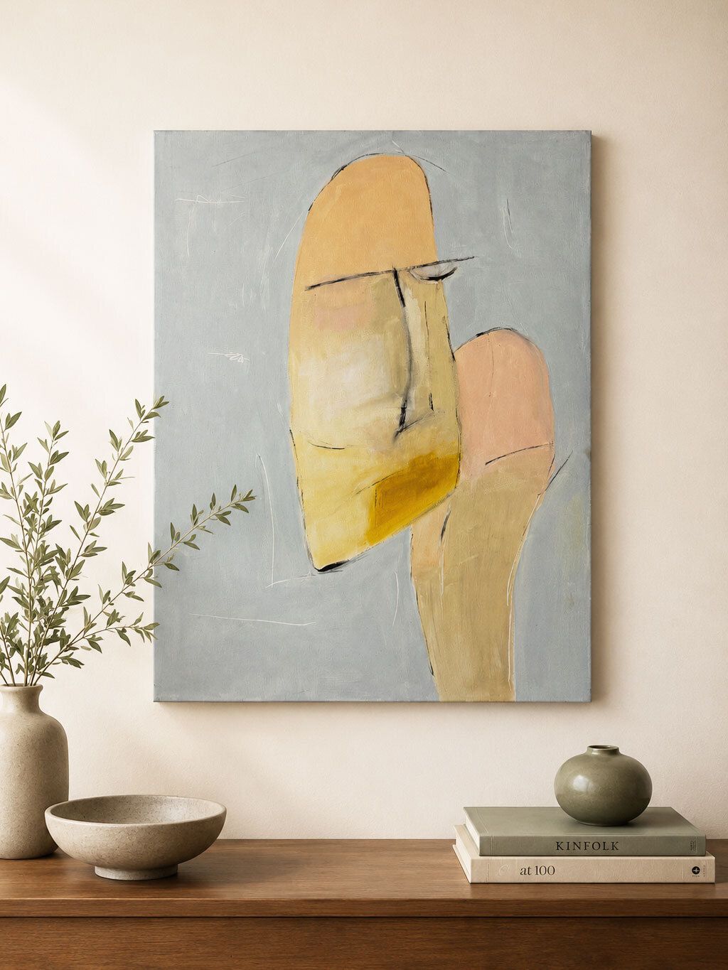 Large Mid Century Abstract Signed Portrait Canvas Painting