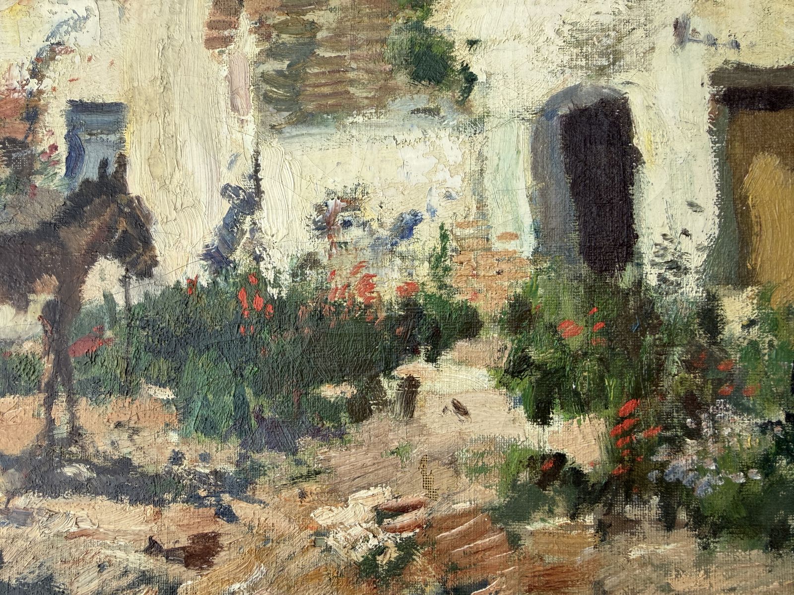 Ignacio Gil Sala Mediterranean White Village With Mother Child Donkey And Hens Oil Painting Art 1950s photo for sale
