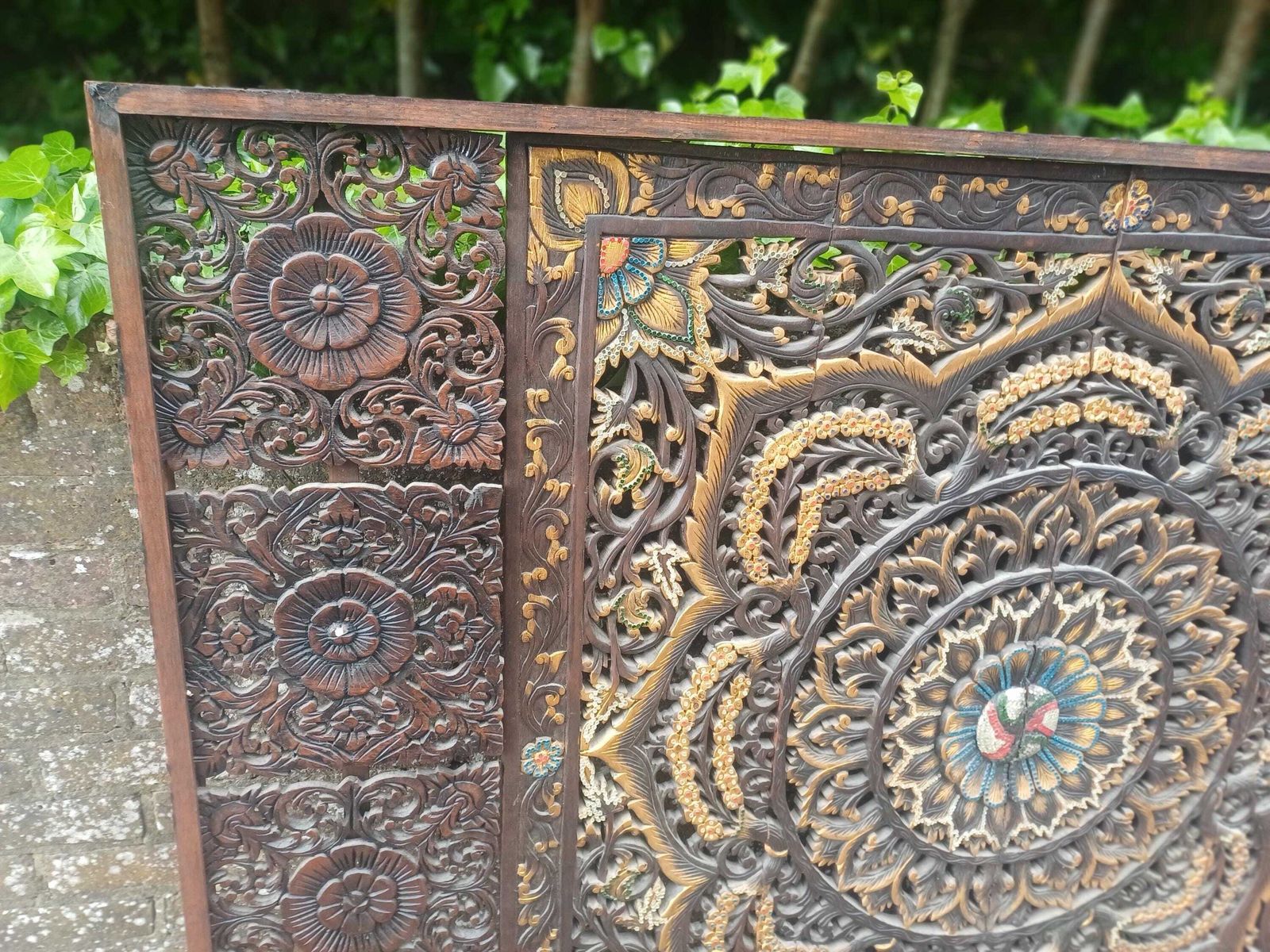 photo vintage Enormous Large Hand Carved Oriental Hardwood Screen Panel Mandala Wall Art Floral Room Divider Boho Moroccan Indian Decor Free Hand Delivery