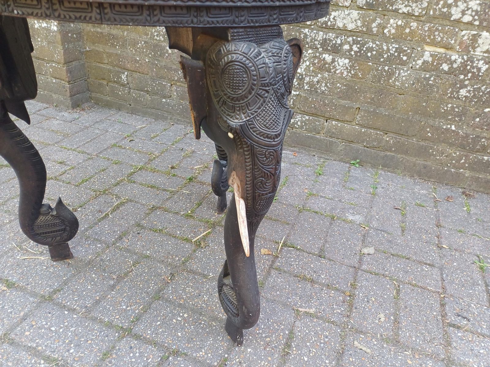 Victorian Deeply Hand Carved Ornate Round Elephant Table Heavy Hardwood Indian Sumptuous Quality Age Worn Free Hand Delivery photo for sale
