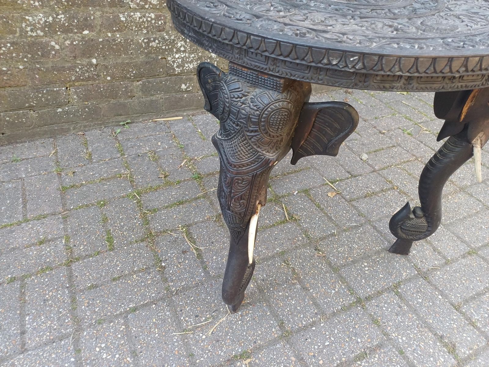 Victorian Deeply Hand Carved Ornate Round Elephant Table Heavy Hardwood Indian Sumptuous Quality Age Worn Free Hand Delivery photo vintage