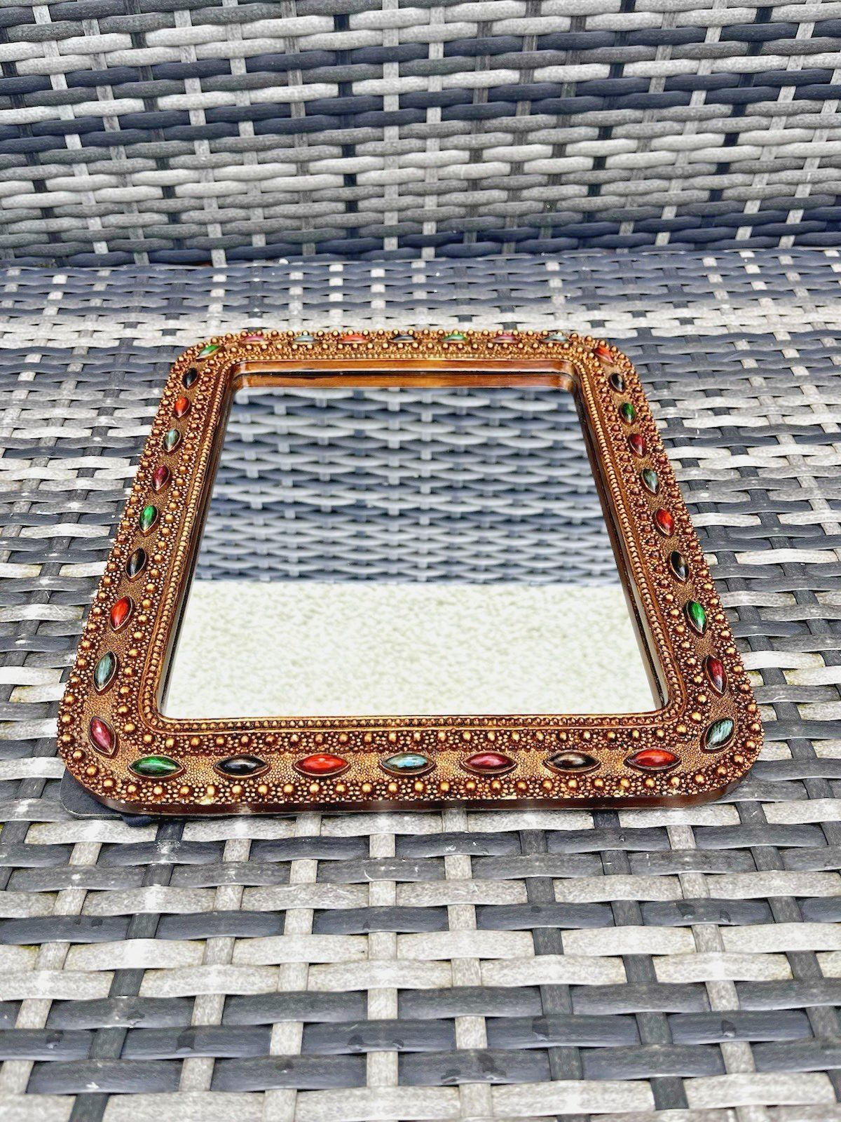 125.0 Vintage Hollywood Regency Cabochon Jewelled Gilt Wall Easel Mirror Moorish Boho photo