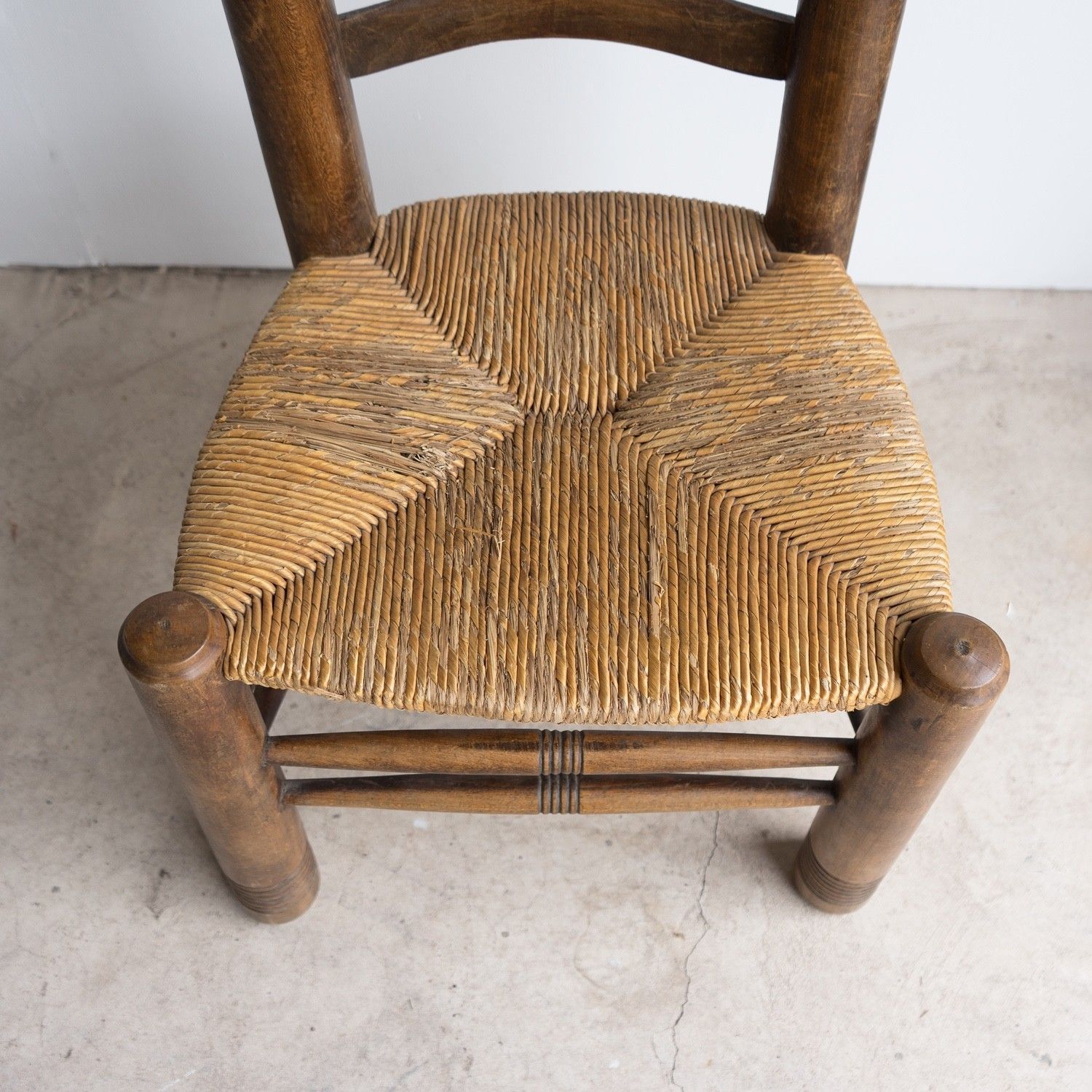 Vintage French Brutalist Oak And Rush Seat Chair By Charles Dudouyt, 1940s photo vinterior