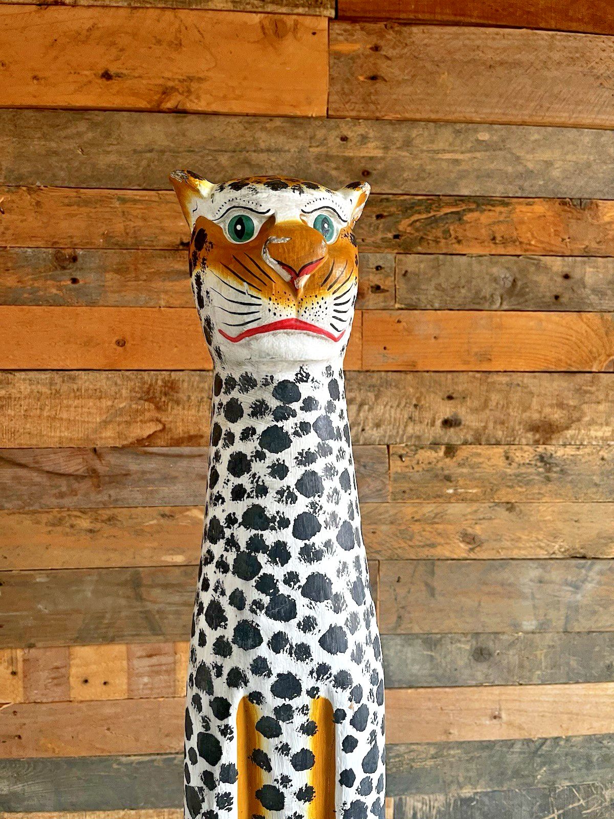 37" Vintage Balinese Hand Carved Wooden Folk Art Leopard Entrance Guard Figure photo Art